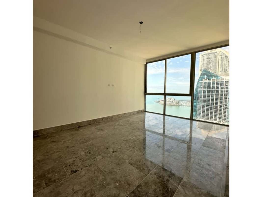 Modern bedroom with large window city view marble tile Pacific Point Tower 400