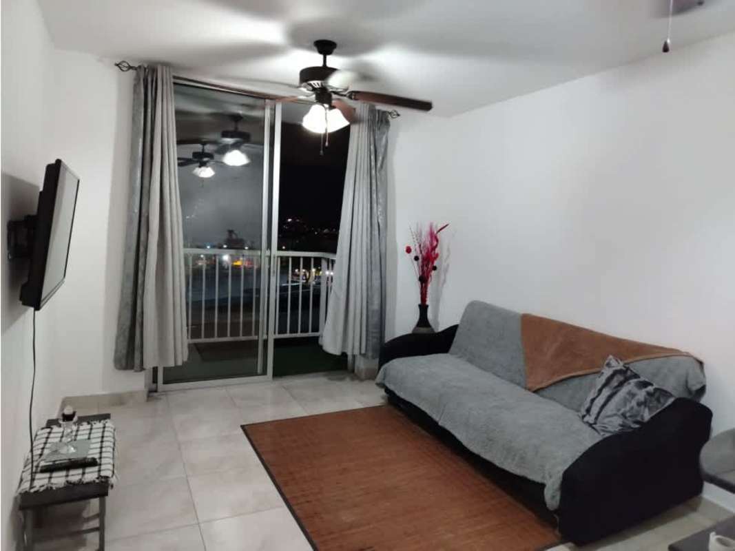 Living and dining space with ceramic tile floors and balcony at PH Mystic Tower Rio Abajo