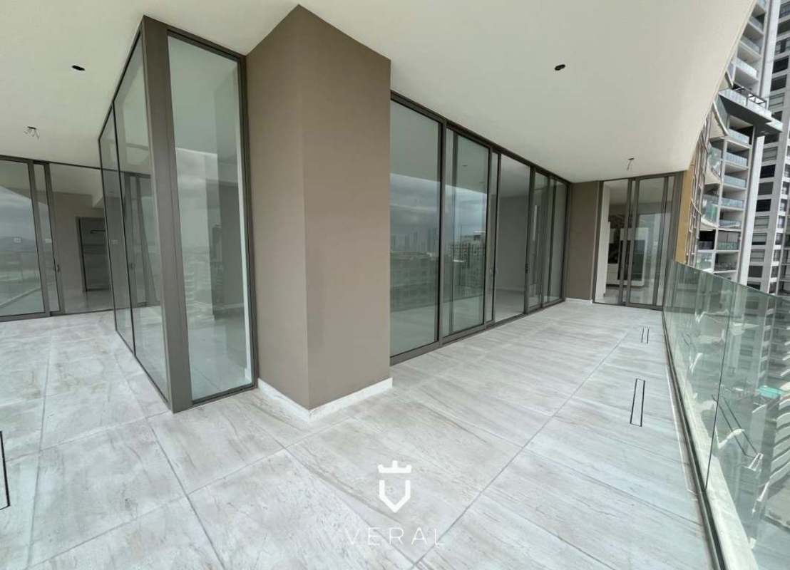 Contemporary kitchen with marble backsplash, island, panoramic windows La Maison by Fendi Casa