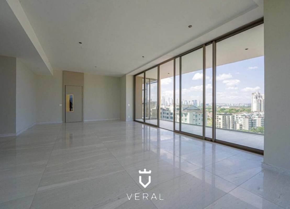 Spacious unfurnished living dining room with marble flooring, floor-to-ceiling windows panoramic views La Maison by Fendi