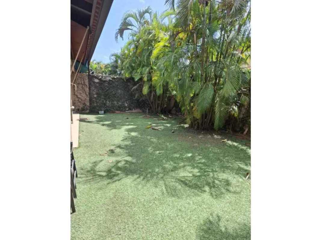 Backyard with palms, grass, fenced garden Versalles I house Panama