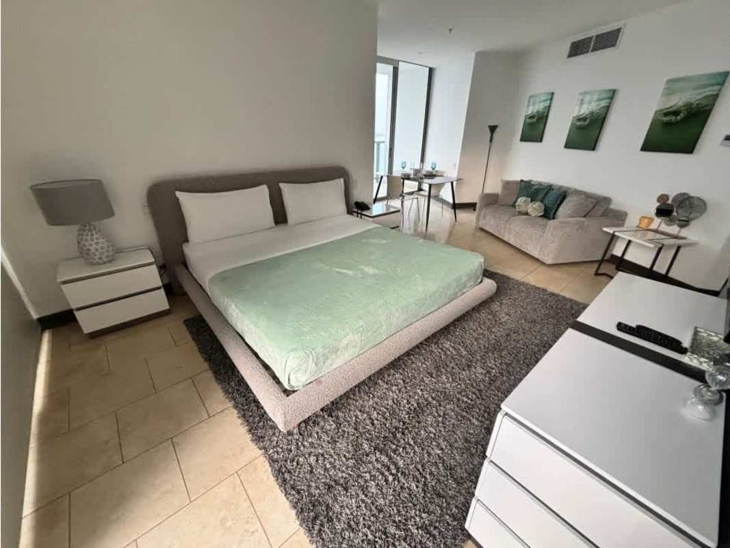 Furnished studio bedroom section with city and ocean view in PH Ocean Club Panama