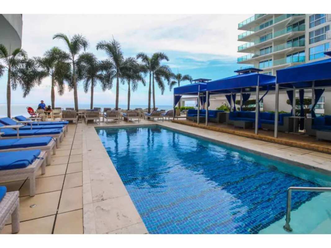 Infinity pool overlooking the Pacific Ocean at TOC Ocean Club Punta Pacifica luxury apartment rental