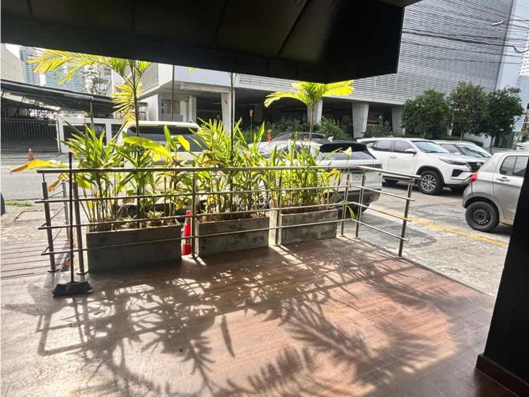 Street view of Plaza 74 San Francisco Panama with commercial storefronts and terrace