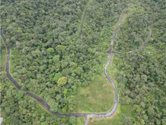 View of paved road cutting through forested mountain land in Altos del María residential community Panama