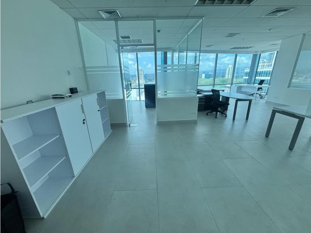 Executive workspace with large windows and skyline backdrop Panama City