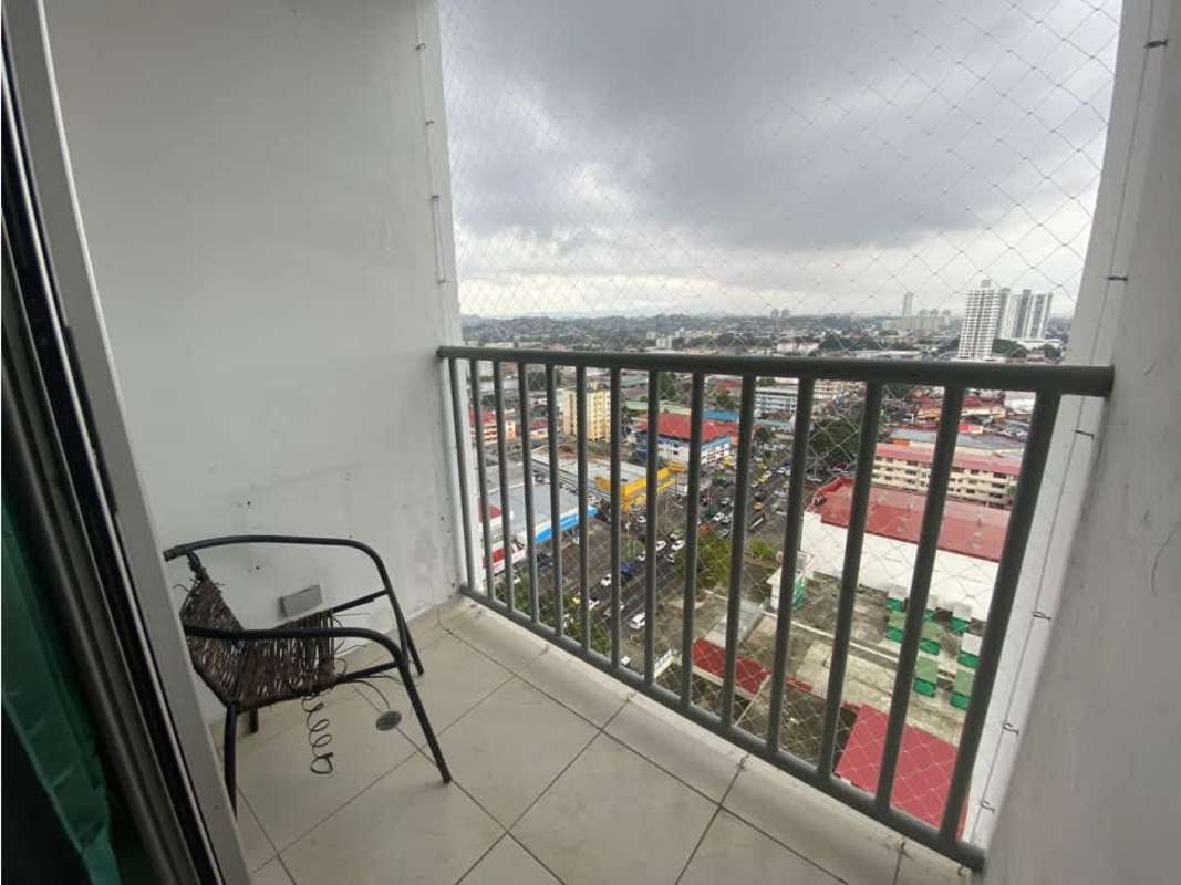 City skyline view from the balcony of PH Riverside apartment in Parque Lefevre Panama