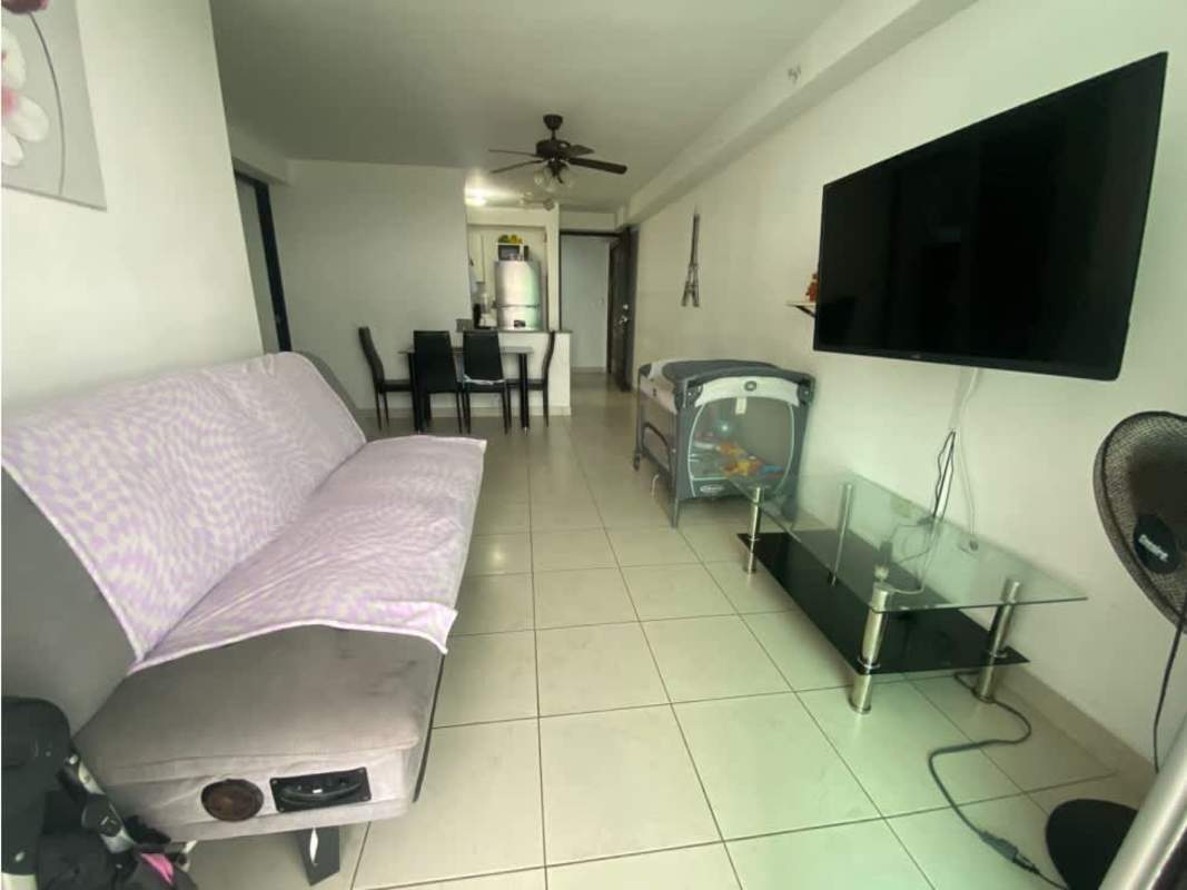 Bathroom in PH Riverside apartment showing shower, sink, and mirror Parque Lefevre Panama