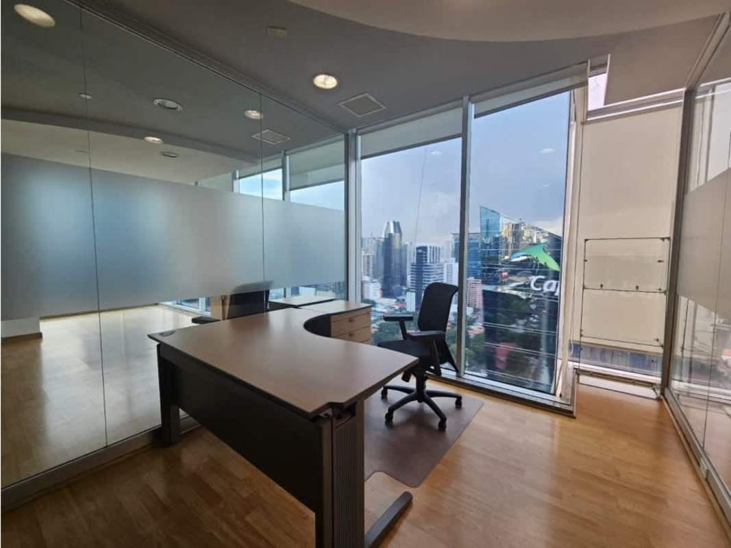 Reception lobby with glass partitions at Torre Global Bank Office Panama City