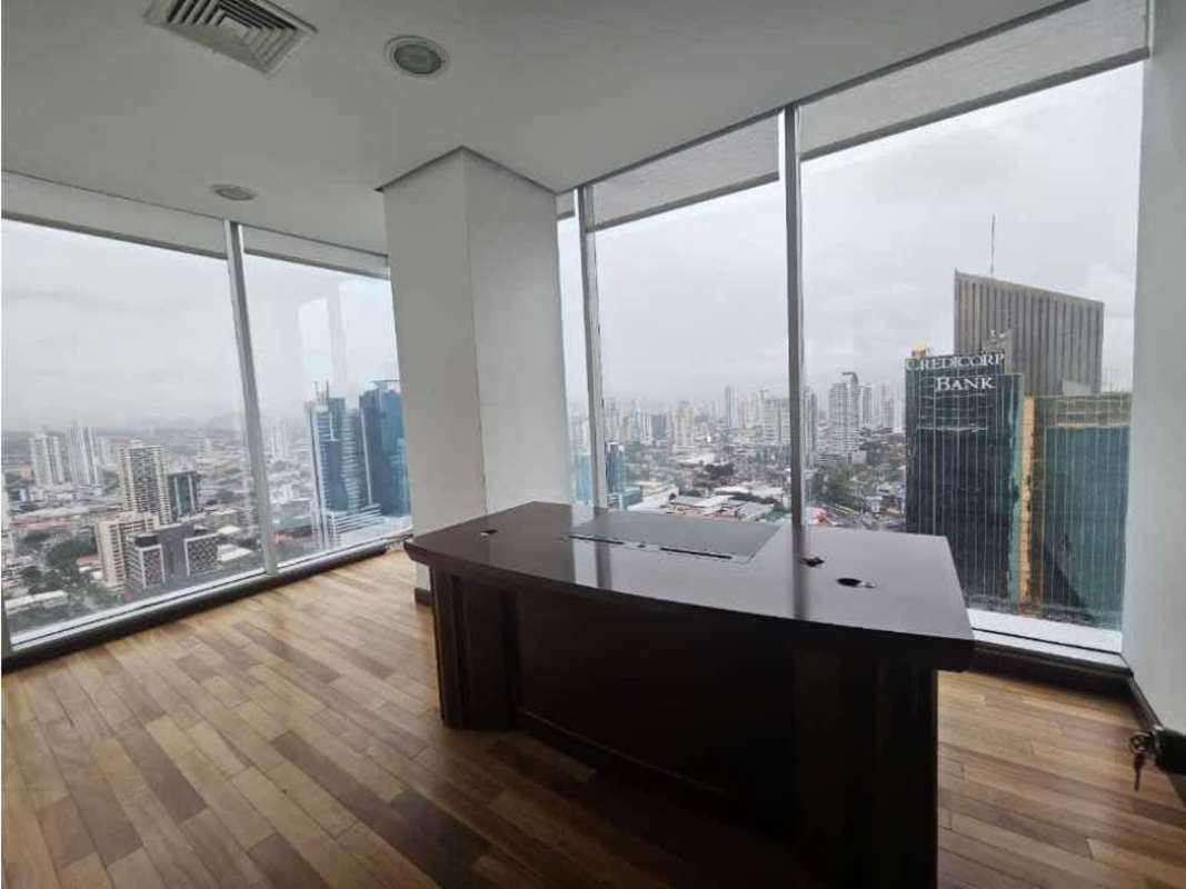 Panoramic city skyline views from modern furnished commercial office Obarrio Panama