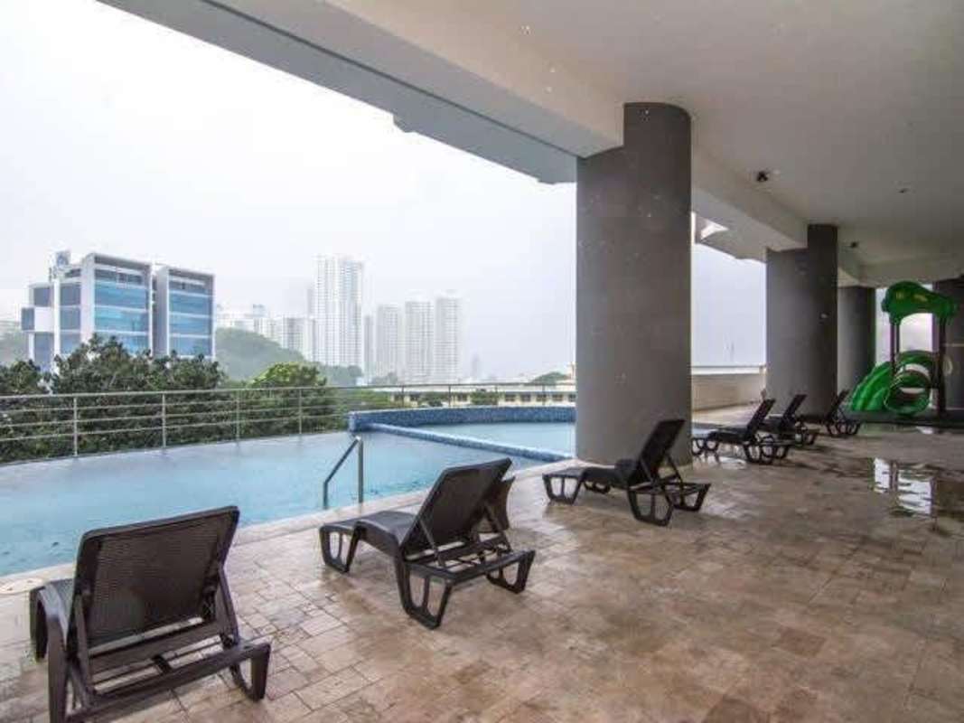 Covered outdoor infinity pool with city skyline views in PH Astoria El Cangrejo Panama City