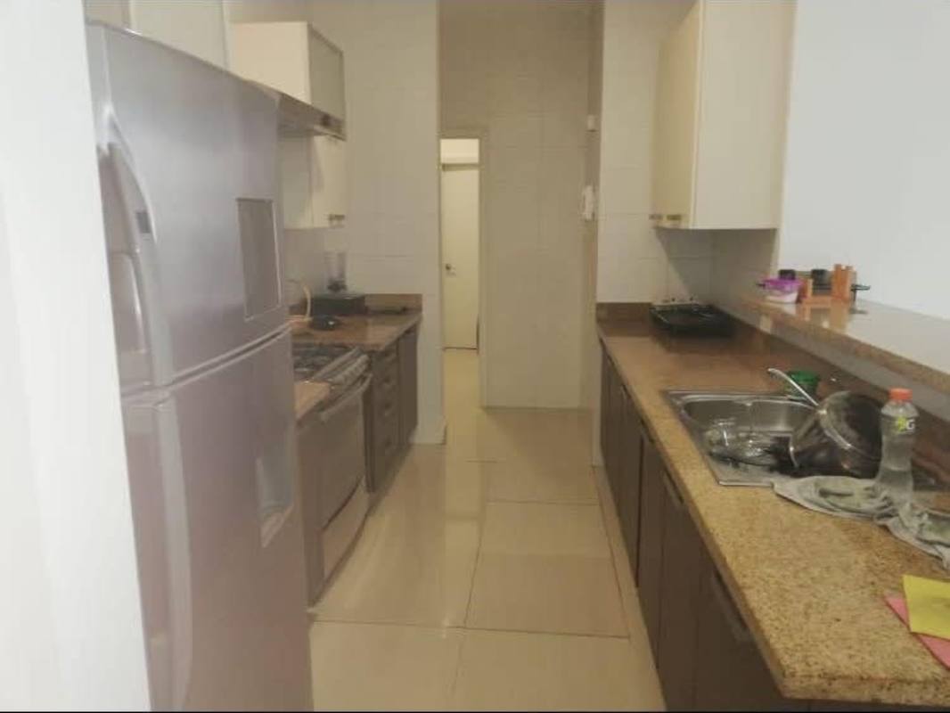 Narrow kitchen with granite counters and stainless steel appliances in PH Astoria El Cangrejo Panama