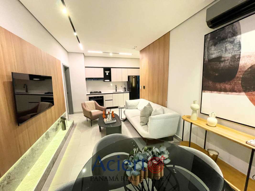 Living and dining area open layout in Park Square Bloom Tower model unit Panama City