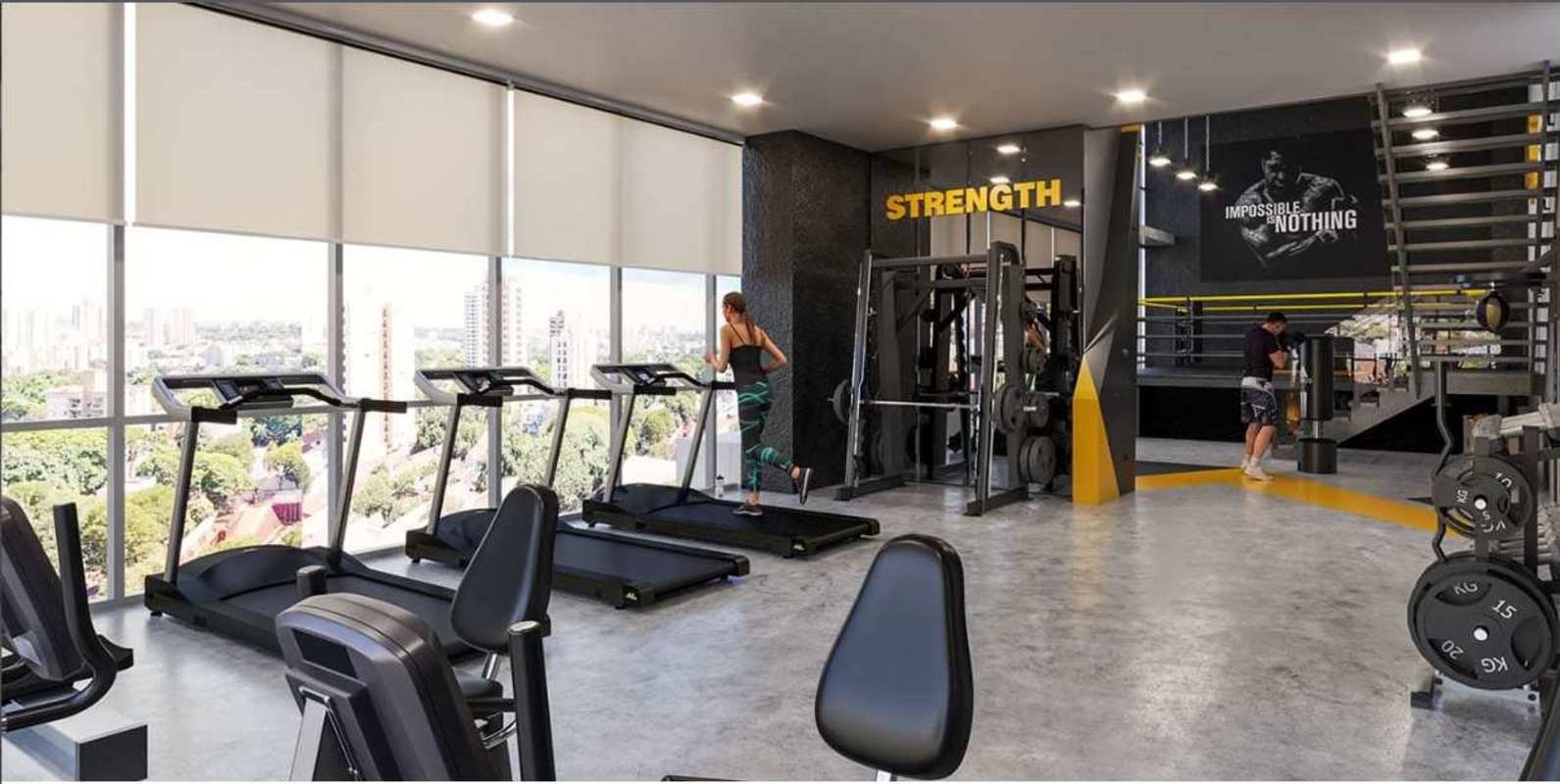 Two-level gym with boxing ring, equipment and skyline views in Bloom Tower Panama