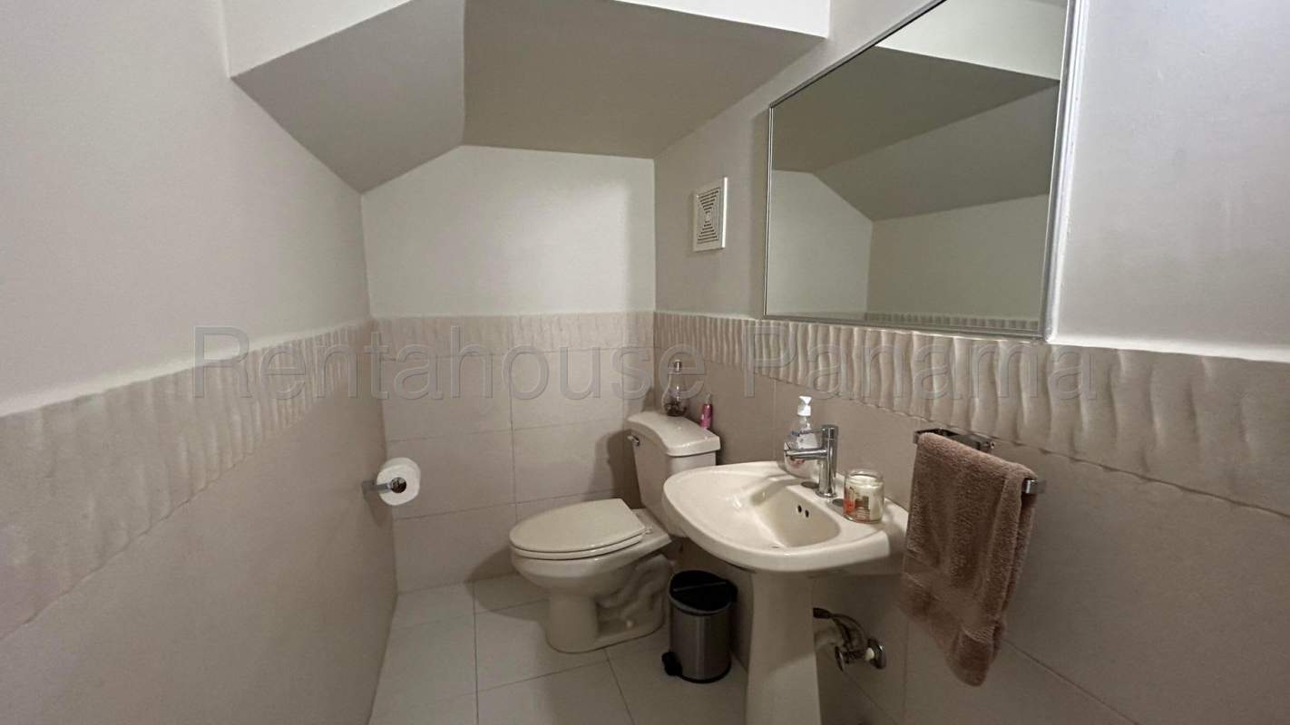 Contemporary bathroom with glass shower, marble vanity in Panama house for sale