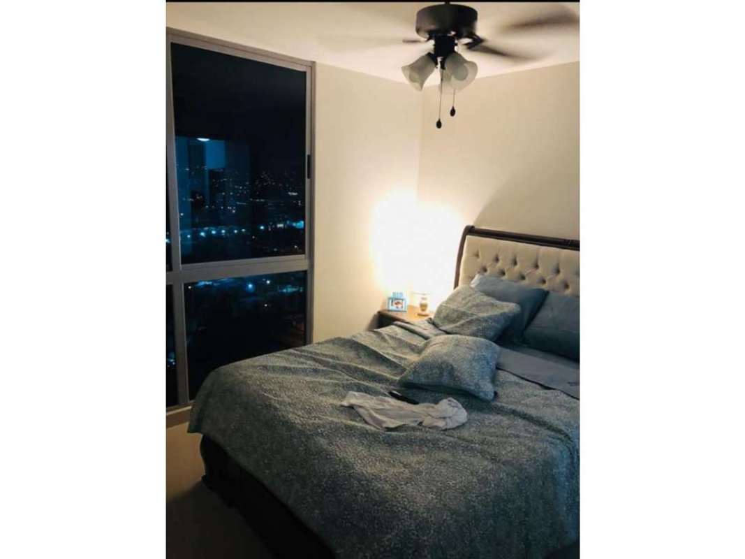 Night skyline from bedroom window, ceiling fan and lights PH Torre de Castilla apartment Panama