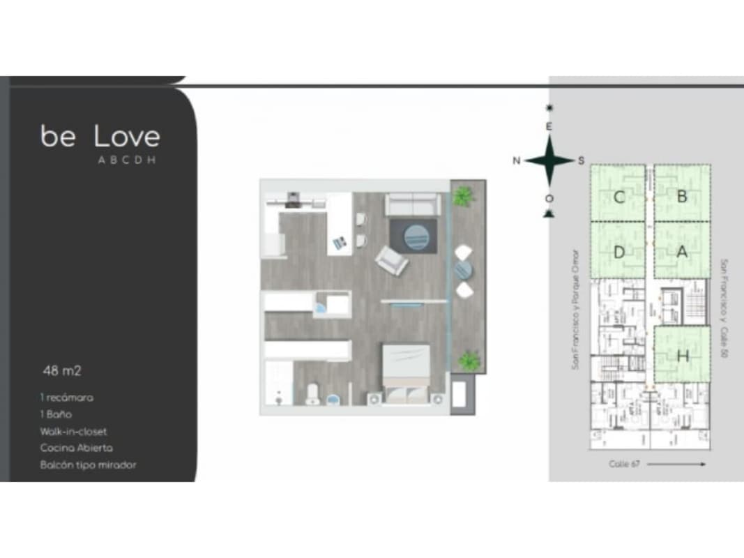 Modern one-bedroom apartment layout balcony smart home at PH Be Living Panama
