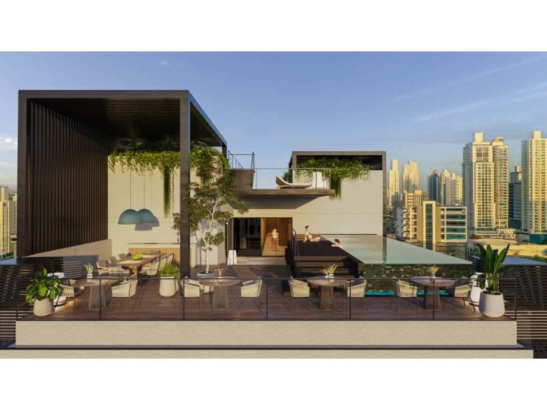 Infinity rooftop pool city skyline view PH Be Living San Francisco Panama