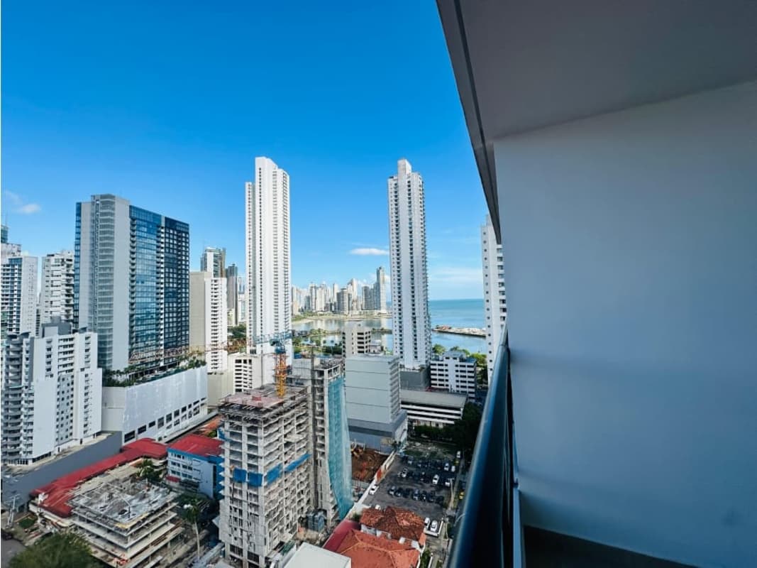 Balcony view of ocean and high-rise skyline from PH Balboa Bay Avenida Balboa Panama City