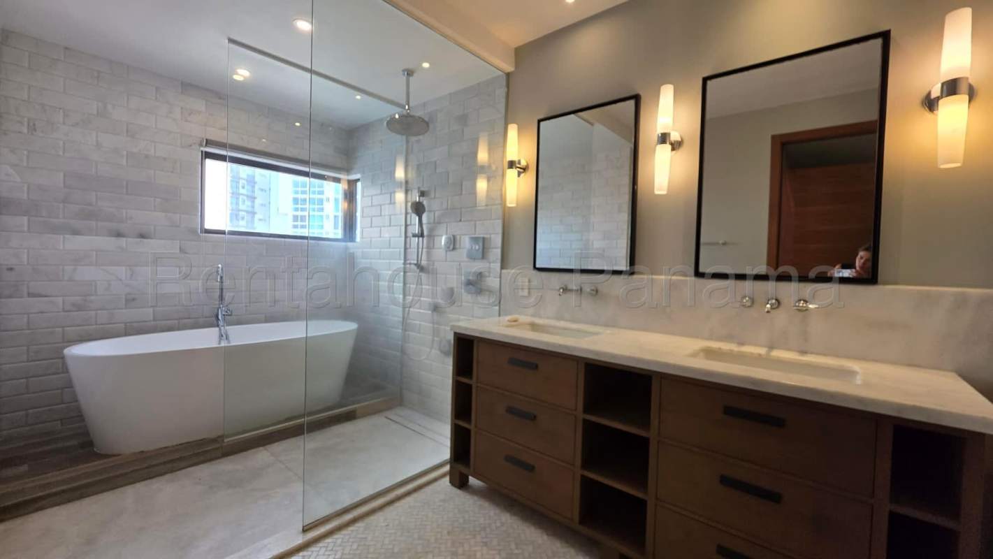 Elegant master bathroom with freestanding tub, double sink marble vanity in PH Santa Maria Panama
