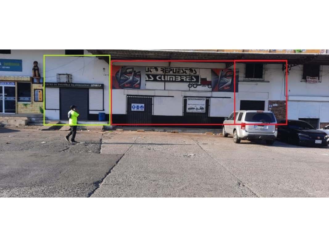 Commercial retail building exterior with storefronts, signage, parking and pedestrian in Ciudad Bolívar Panama