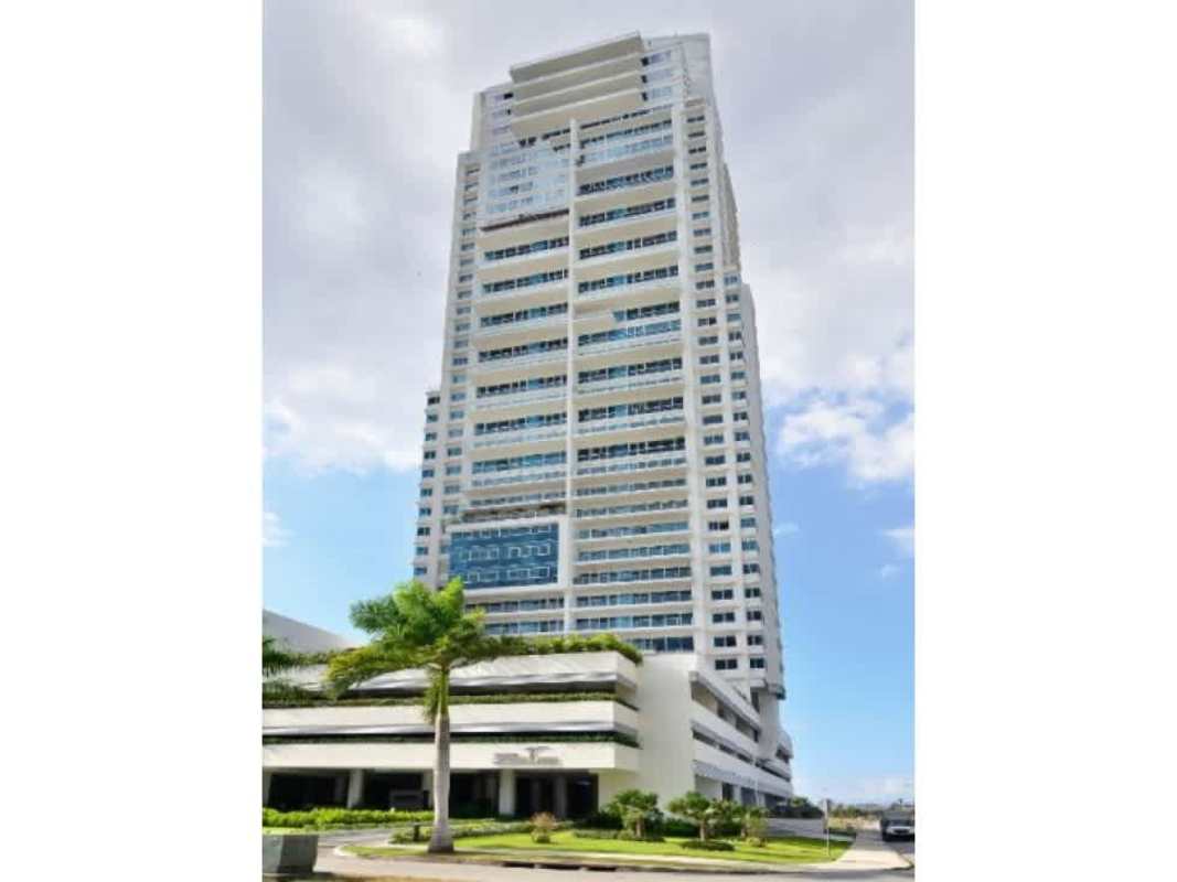Towering PH Zeus luxury condominium exterior with ocean views in Costa del Este Panama