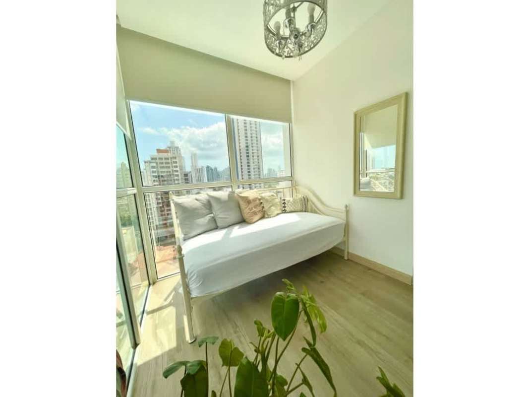 Bedroom in PH Quadrat apartment with skyline views in San Francisco Panama