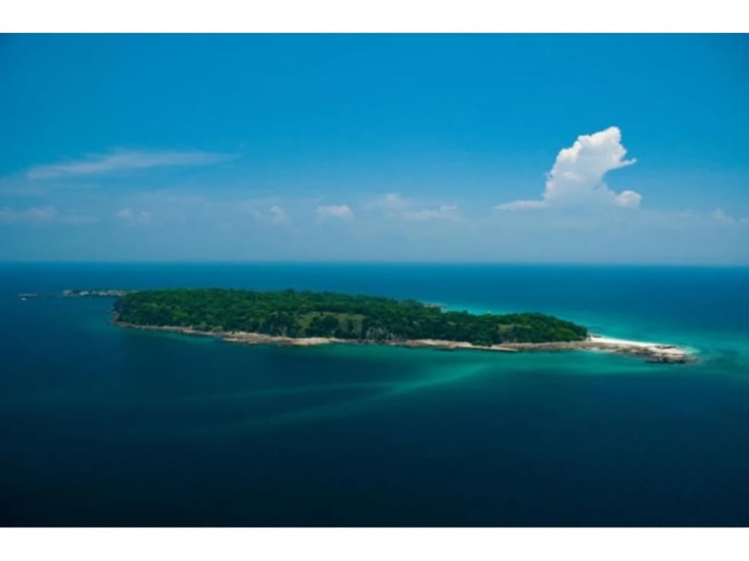 Aerial of lush private tropical island with turquoise water and white sandy beaches in Las Perlas Panama