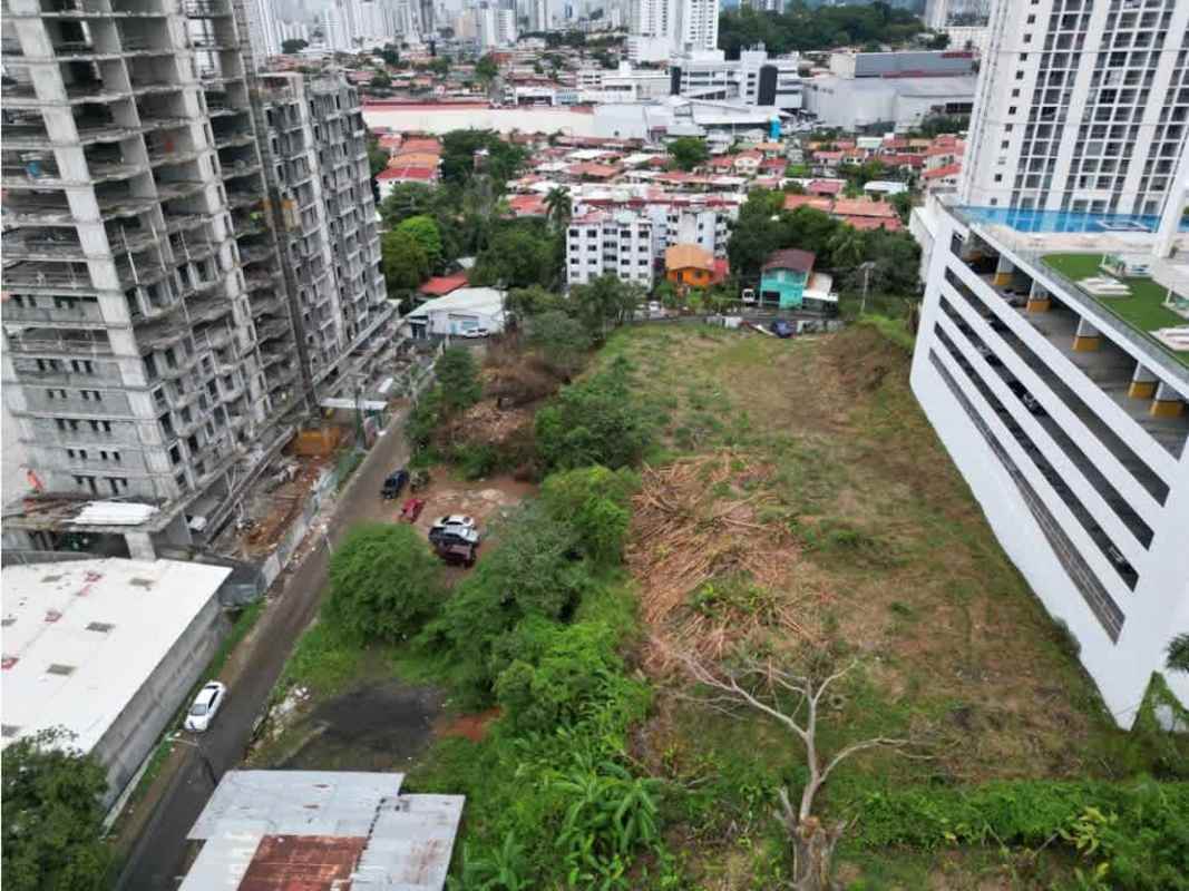 Aerial cityscape view of vacant development land close to Via España, Rio Abajo