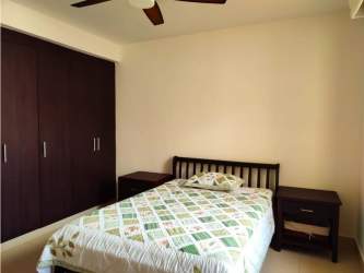 Contemporary bedroom with natural light, ceiling fan, upholstered bed in River Valley Panama Pacifico
