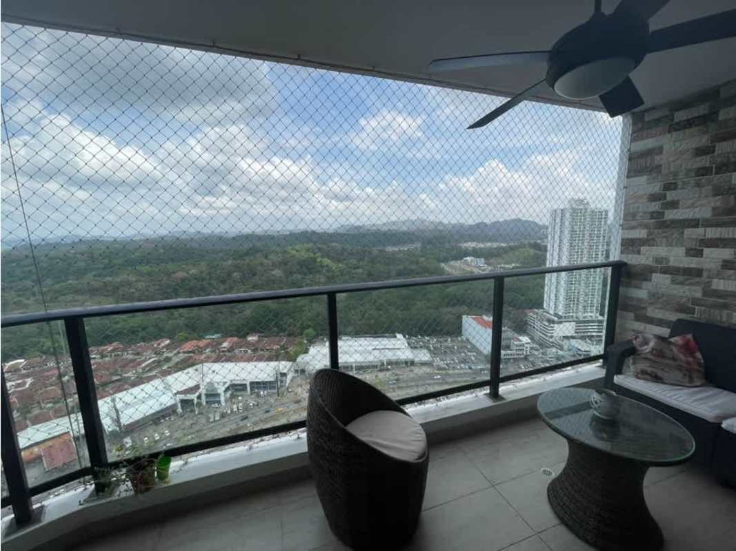 Balcony with glass railing panoramic vista city and mountain PH Portofino Tower Panama