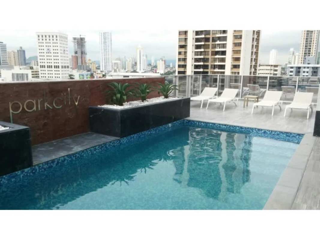 Infinity swimming pool on rooftop with panoramic city skyline view PH Park City Obarrio Panama