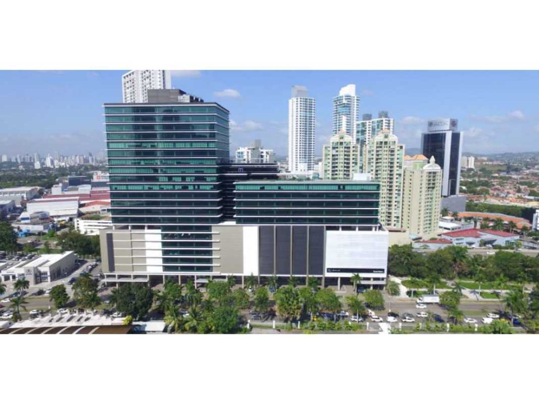 Aerial skyline with contemporary high-rise office buildings and greenery in Panama