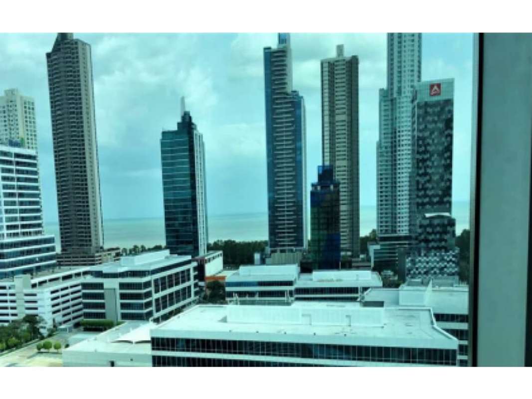 Skyline of Panama City with office skyscrapers and ocean backdrop from Costa del Este