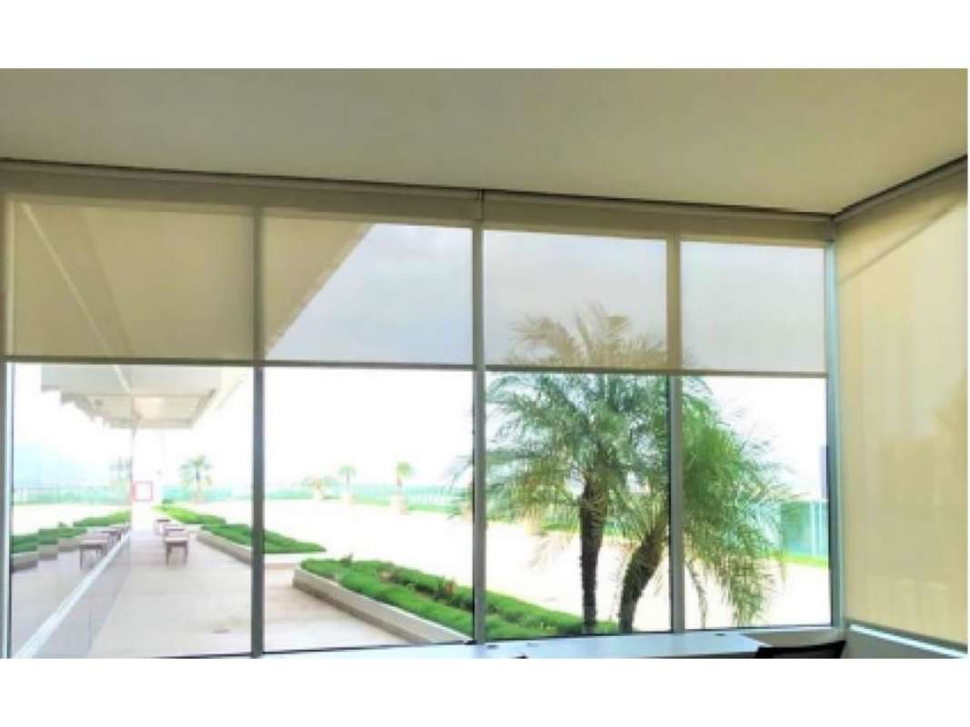 Interior office with panoramic windows and landscaped garden view Costa del Este