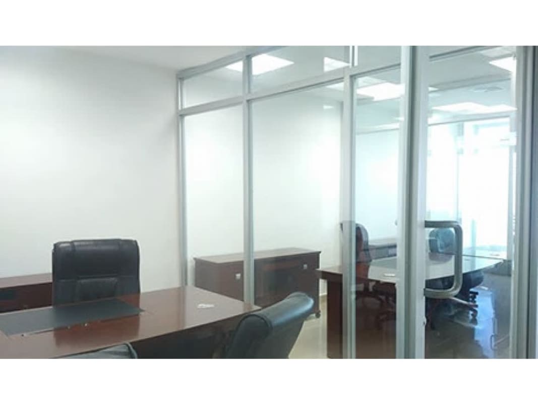 Modern private office space with executive desks, glass partitions in Global Bank Tower Obarrio Panama City
