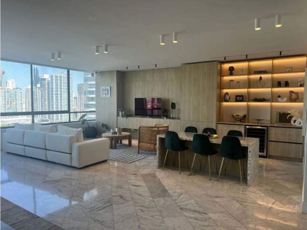 Spacious kitchen with appliances and dining bar in luxury condo PH Villa Marina Panama
