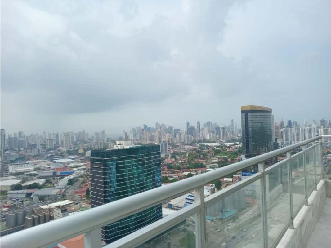 Furnished living room with stone accent wall, washer, dining area in PH Constellation Tower Dos Mares Panama