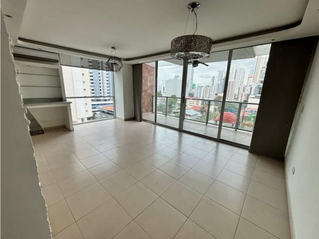 Open kitchen with granite countertops, large windows and city view at PH Tao Tower San Francisco Panama