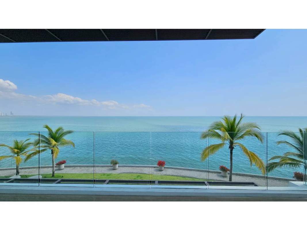 Spacious minimalist kitchen with island and Italian finishes in luxury penthouse Ocean Reef Islands Panama City