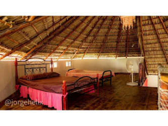 Rustic kitchen interior with wood bar, pendant lights, and natural finishes in Punta Chame house