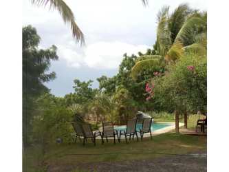 Lush green tropical backyard with pergola and swimming pool at Punta Chame Panama house