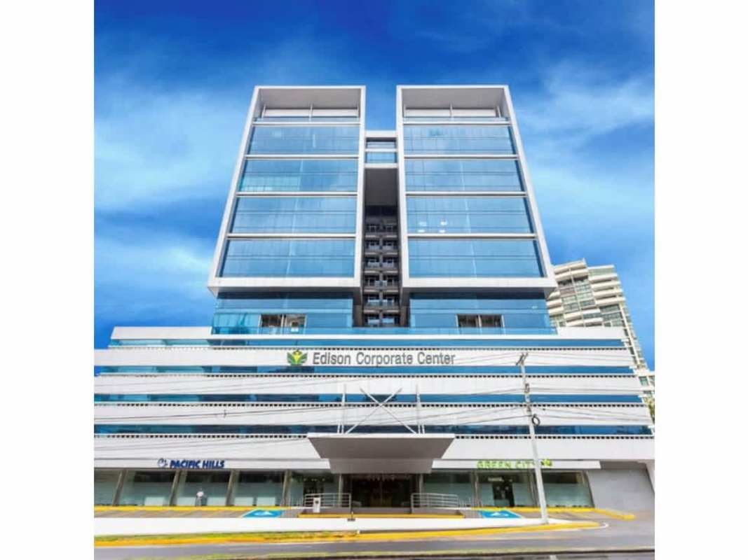 Furnished modern office with glass partitions desks and panoramic views Edison Corporate Center Panama