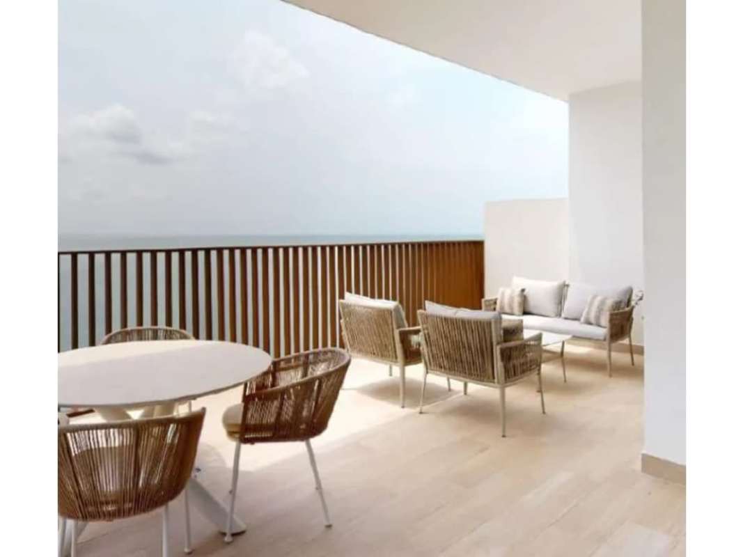 Spacious balcony with luxury outdoor seating and panoramic Pacific Ocean views in Punta Pacífica Panama