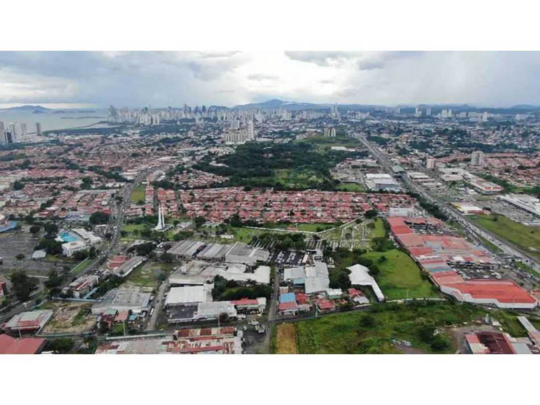Aerial shot featuring mixed residential-commercial neighborhood surrounding development lot in Juan Díaz Panama