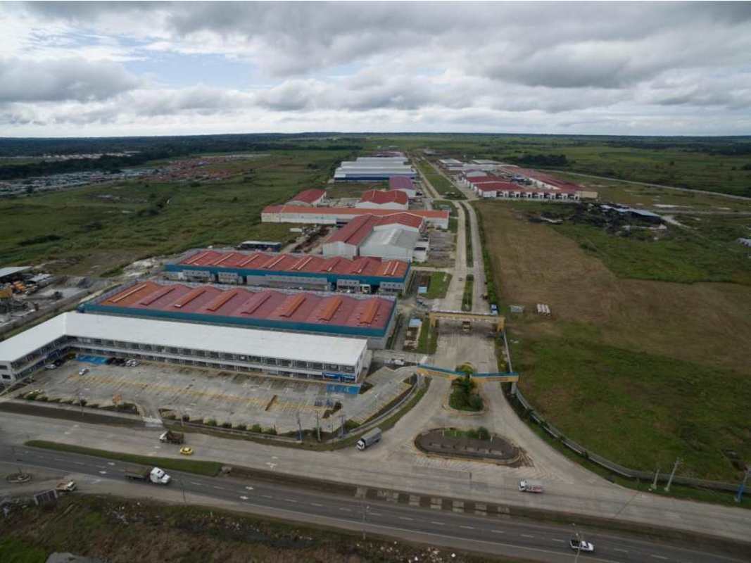 Aerial photo of industrial warehouses, buildings, green surroundings Parque Industrial Tocumen Panama
