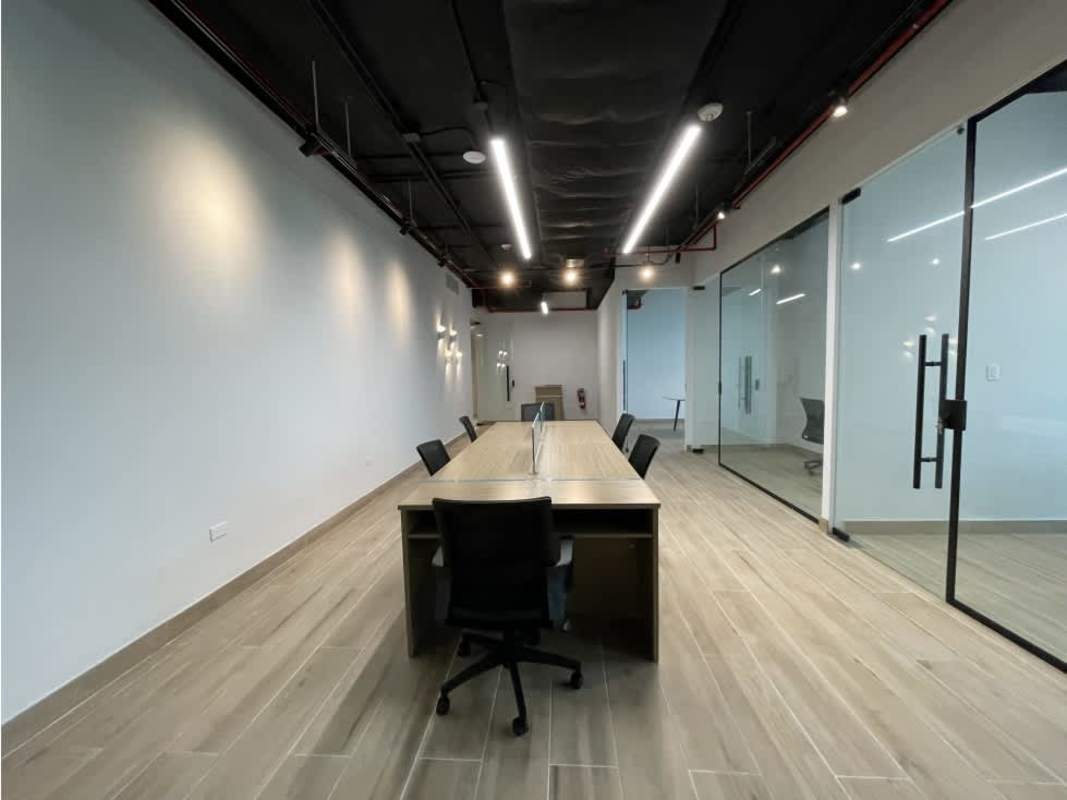 Modern open office area glass partitioned workstations Tower Financial Center Panama