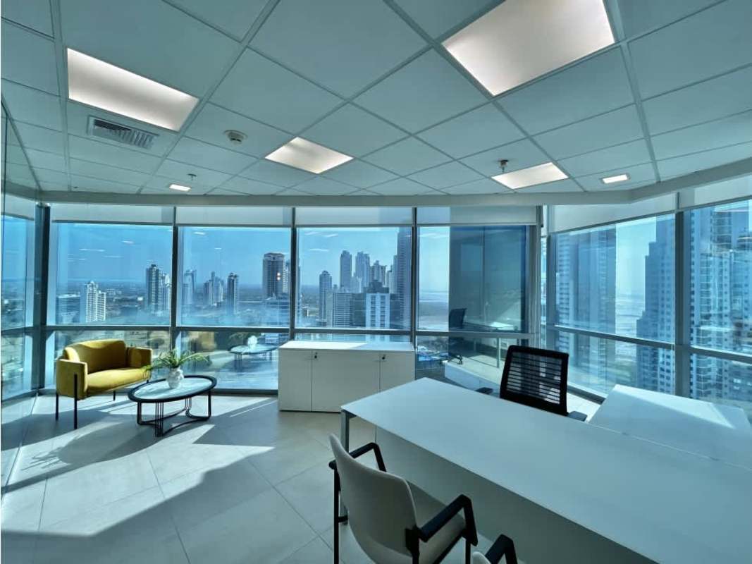 Workstations with natural light and city views in a modern furnished office Financial Park Panama