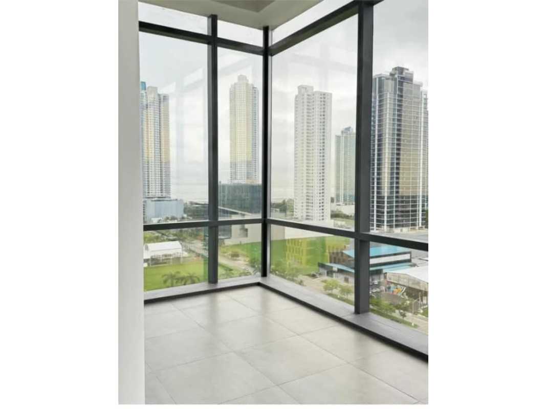 Skyline view through panoramic windows in office Costa del Este PH Tower Panama