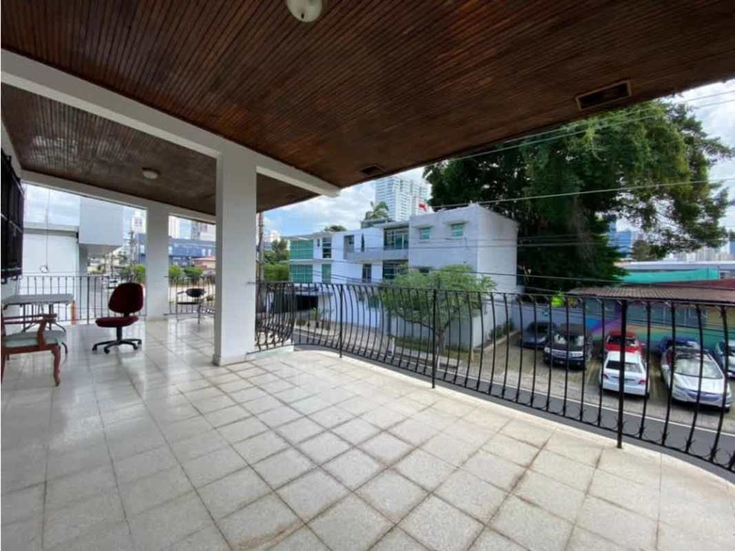 Large balcony on second floor overlooking city street in San Francisco commercial area